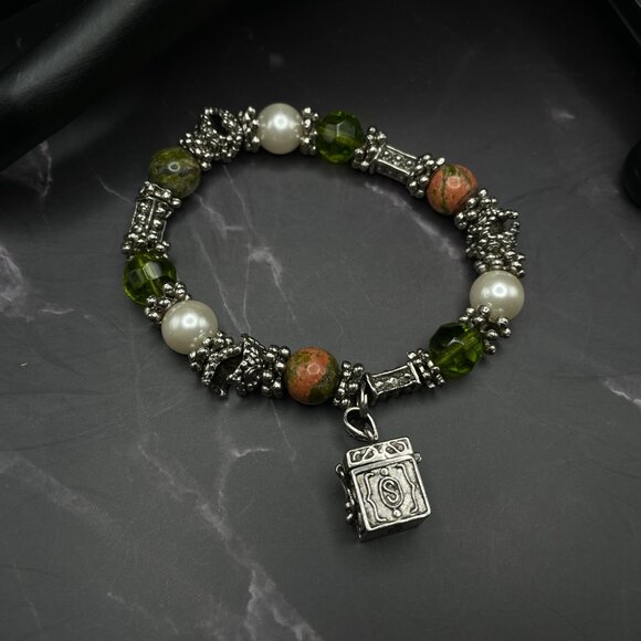 Vintage Unakite & Sterling Bracelet 925 Locking Box Charm Glass Beads Faux Pearl - Picture 2 of 10